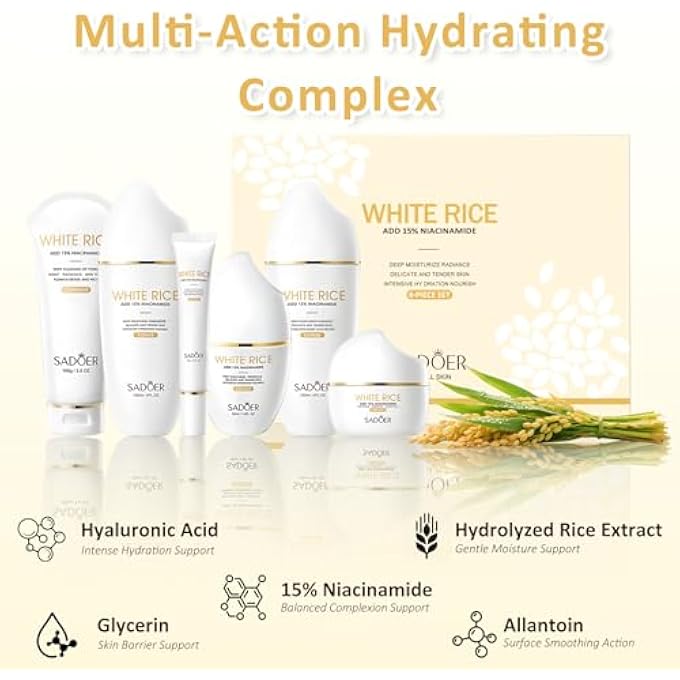 STRBOXONG FOR SADOER RICE NIACINAMIDE SKINCARE SET - 6 PIECE FIRMING SKINCARE KIT WITH CLEANSER, TONER, LOTION, EYE CREAM, FACE CREAM & SERUM FOR DAILY FACIAL CARE - Image 4
